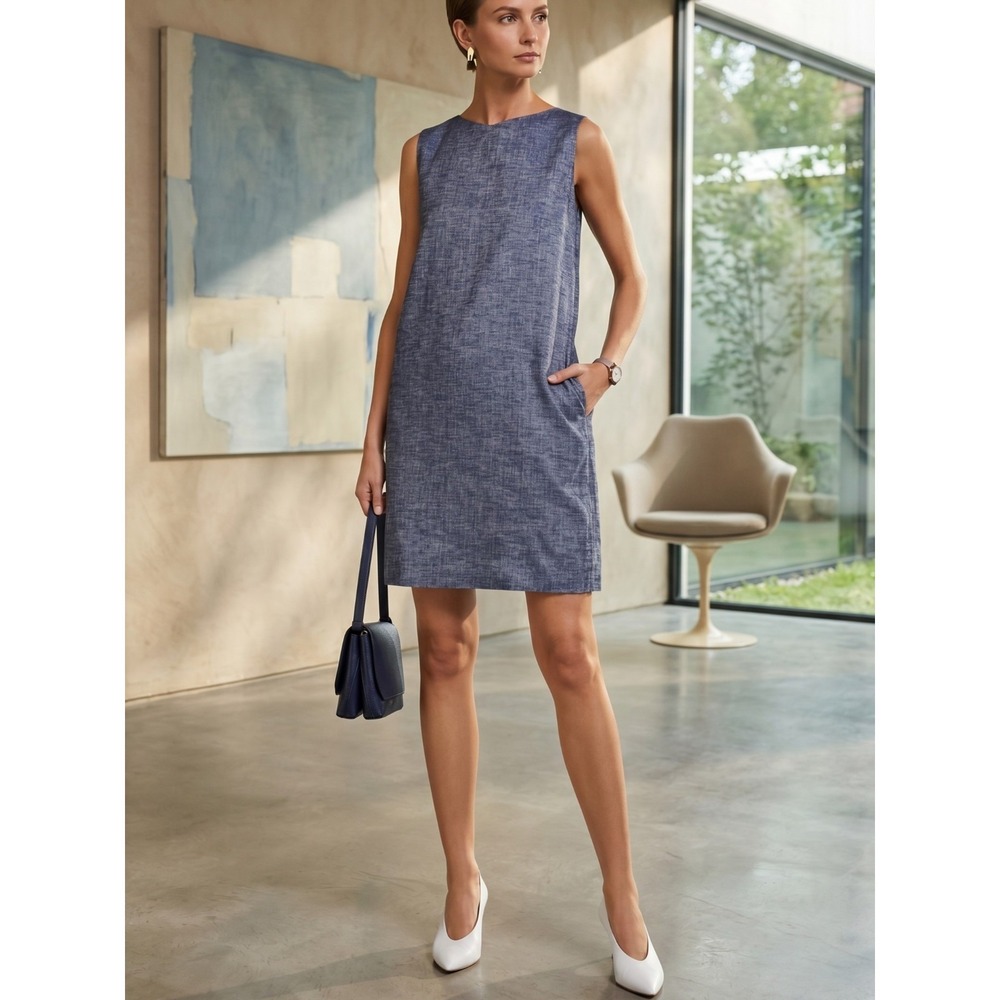 Theory Narlica Tierra Wash Linen Shift Dress Deep Denim NWT Size‎ 4 6 $345